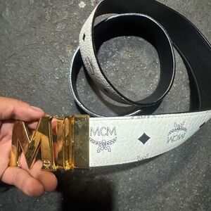 MCM Gold Buckle Belt with White and Black Strap